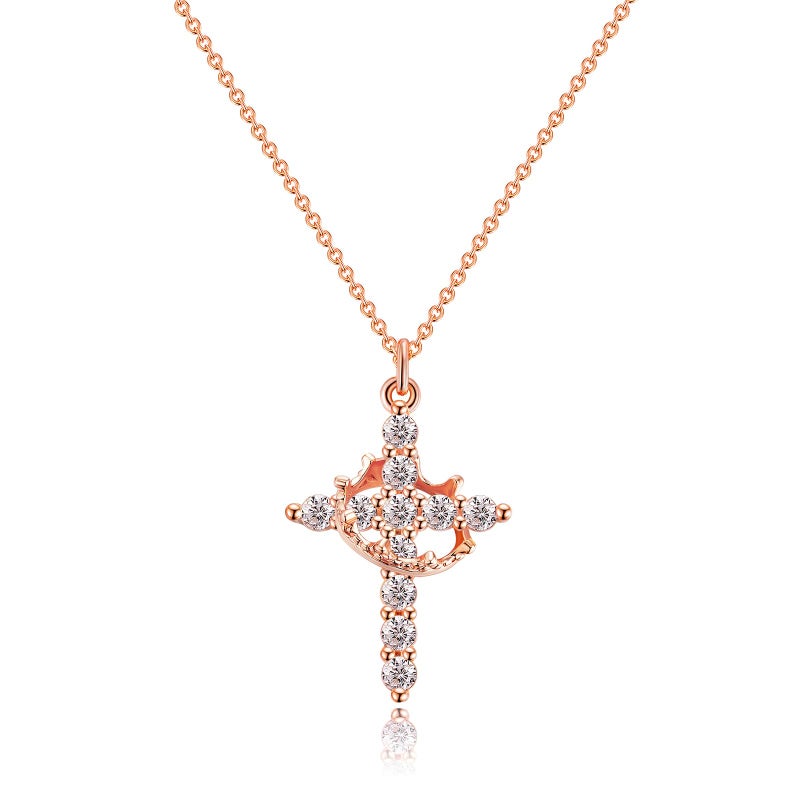 Robaice Rose Gold Cross Necklace for Women, Rose Gold Plated Crown Cross Pendant Necklace Cross Necklaces Faith Jewelry First Communion Necklace, Rose Gold - Image 1