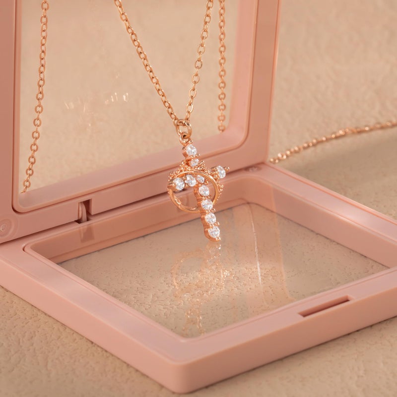 Robaice Rose Gold Cross Necklace for Women, Rose Gold Plated Crown Cross Pendant Necklace Cross Necklaces Faith Jewelry First Communion Necklace, Rose Gold - Image 5