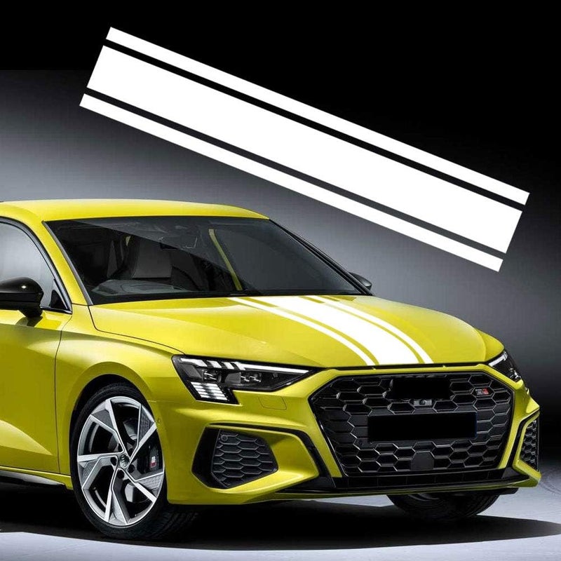 Leasinder 49" x 8.7" White Car Hood Stripe Sticker - Auto Racing Stripes Decal - Image 1