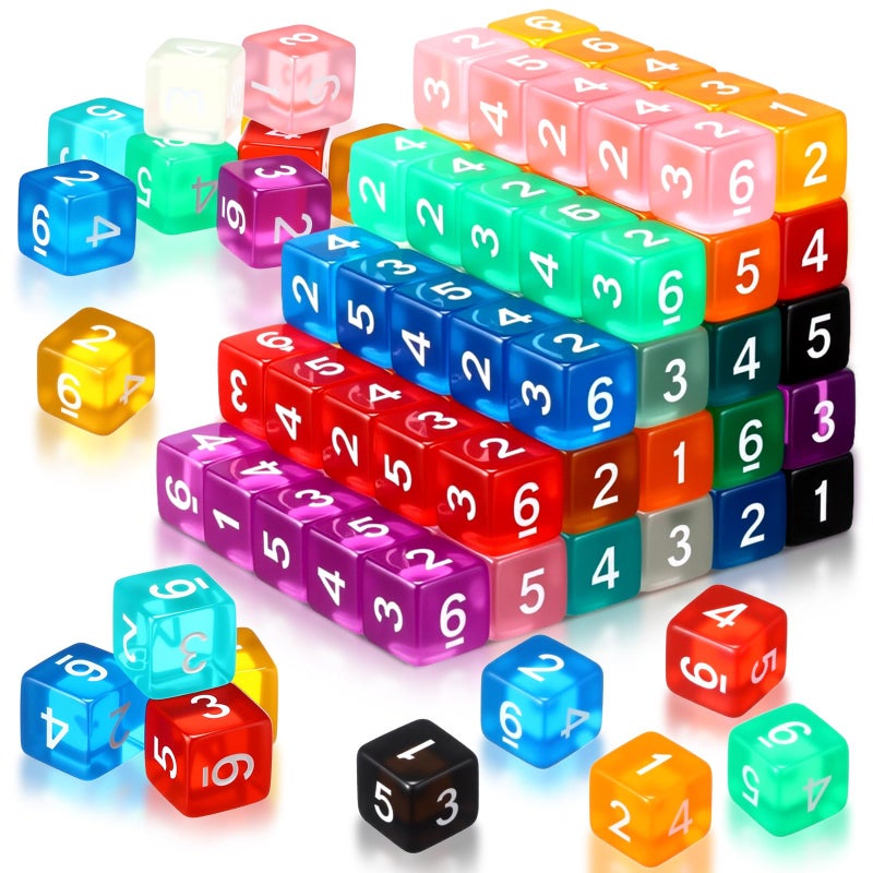 Poen 100 Pcs 16mm Dice Set Bulk 6 Sided Standard Colored Dices with Numbers D6 Polyhedral Games Dice for Board Games Parties Transparent Color - Image 3