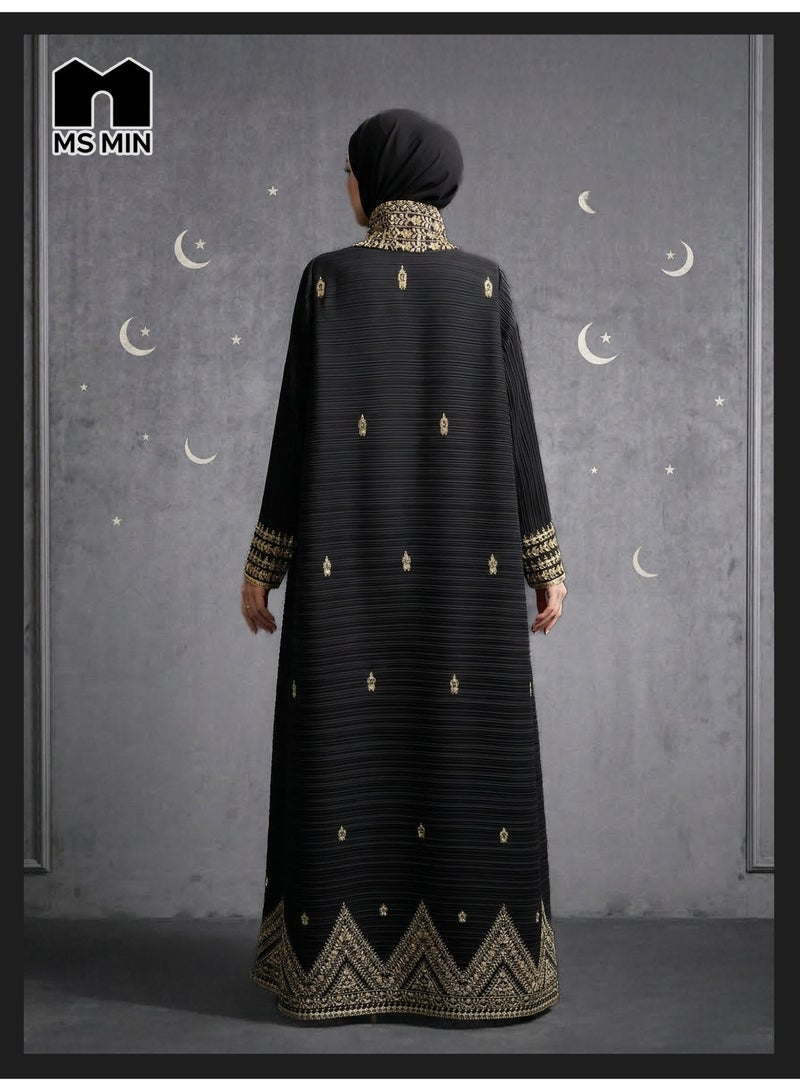 MS MIN Women's Open Front Abaya, Printed Crinkle Texture, Comfortable Polyester Fabric, Loose Fit Long Robe - Image 3