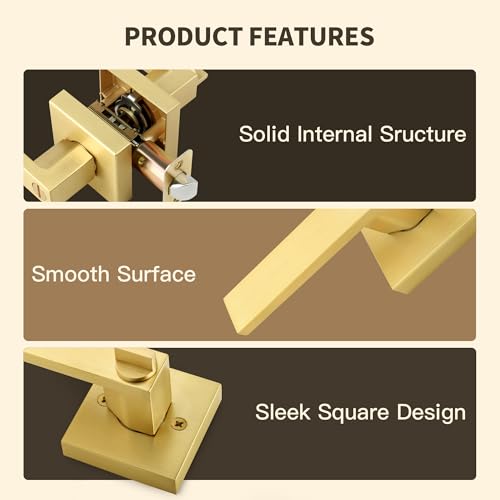 Moquin Brushed Gold Square Design Keyless Privacy Door Handle with Lock, Heavy Duty Door Lever Without Keys, Reversible Handle for Bathroom/Bedroom Door in Satin Brass Finish - Image 3