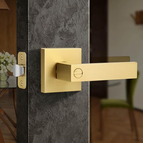 Moquin Brushed Gold Square Design Keyless Privacy Door Handle with Lock, Heavy Duty Door Lever Without Keys, Reversible Handle for Bathroom/Bedroom Door in Satin Brass Finish - Image 1