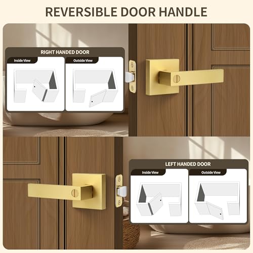 Moquin Brushed Gold Square Design Keyless Privacy Door Handle with Lock, Heavy Duty Door Lever Without Keys, Reversible Handle for Bathroom/Bedroom Door in Satin Brass Finish - Image 5