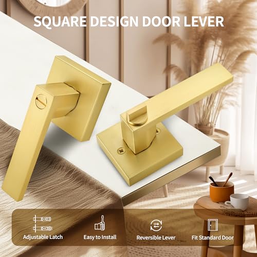 Moquin Brushed Gold Square Design Keyless Privacy Door Handle with Lock, Heavy Duty Door Lever Without Keys, Reversible Handle for Bathroom/Bedroom Door in Satin Brass Finish - Image 2