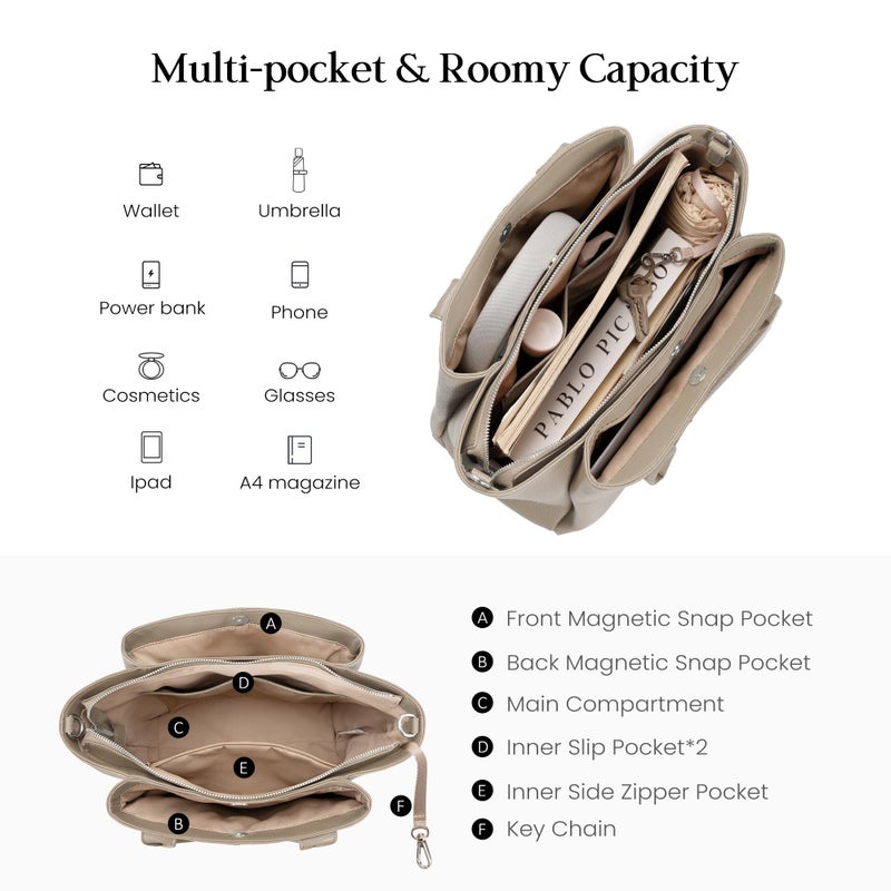 befen Medium Tote Bags for Women with Zipper Soft Real Leather Crossbody Purse and Handbags Designer Top Handle Stachel Purse - Taupe - Image 3