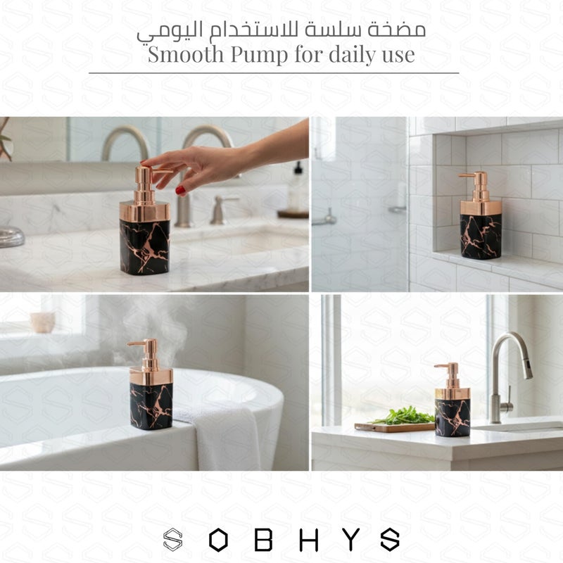 SOBHYS Marble Soap Dispenser with Rose Gold Pump, Refillable Countertop Bottle for Bathroom, Shower & Kitchen, Off-White Black & Greige, 350 ml - SOBHYS (Black) - Image 4