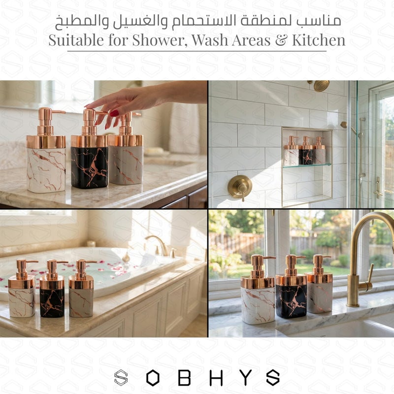 SOBHYS Marble Soap Dispenser with Rose Gold Pump, Refillable Countertop Bottle for Bathroom, Shower & Kitchen, Off-White Black & Greige, 350 ml - SOBHYS (Black) - Image 5