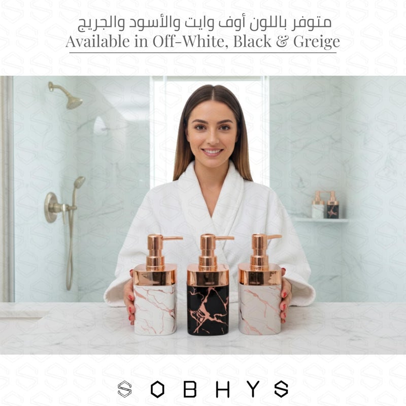 SOBHYS Marble Soap Dispenser with Rose Gold Pump, Refillable Countertop Bottle for Bathroom, Shower & Kitchen, Off-White Black & Greige, 350 ml - SOBHYS (Black) - Image 3