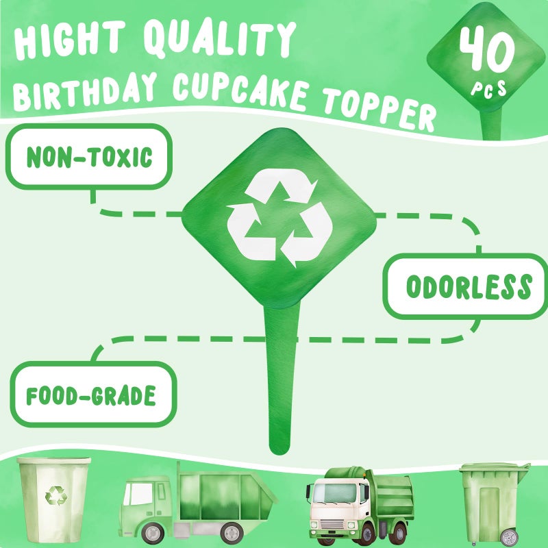 HaPiBiDesign 40 قطعة من زينة كعك الكب كيك على شكل شاحنة القمامة - زينة حفلات شاحنة القمامة وزينة كعك الكب كيك لشاحنة القمامة - Image 4
