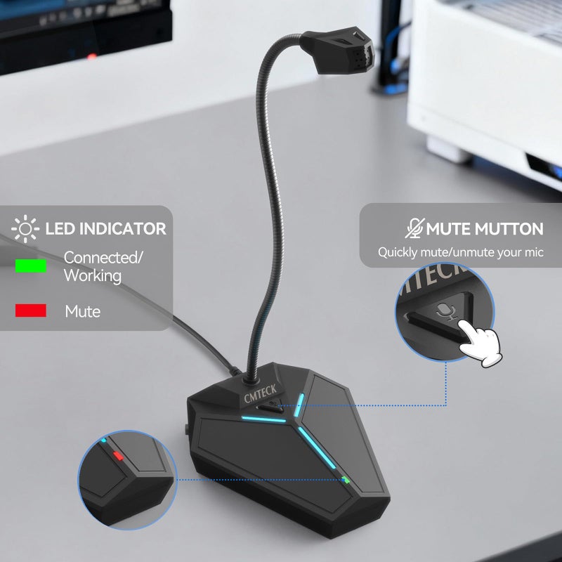 CMTECK USB Computer Microphone, Plug &Play Desktop Omnidirectional Condenser PC Laptop Mic, Mute Button with LED Indicator, Compatible with Windows/Mac, Ideal for YouTube, Skype, Recording, Games(1.8m /6ft) - Image 3