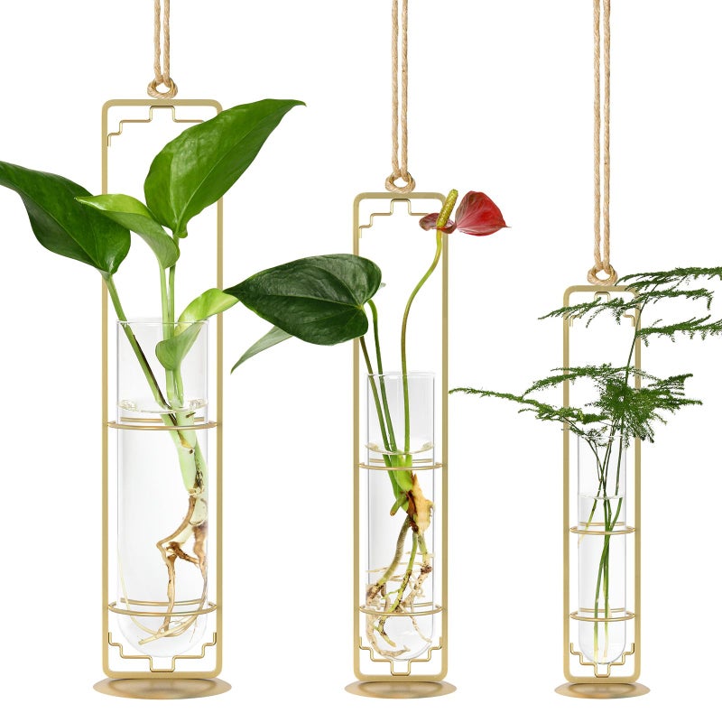 MIPON Plant Propagation Stations,Hanging Glass Propagation Test Tube Vases for Plants with Gold Metal Stand for Hydroponic Cutting Home Garden Office Decor-Gold - Image 1