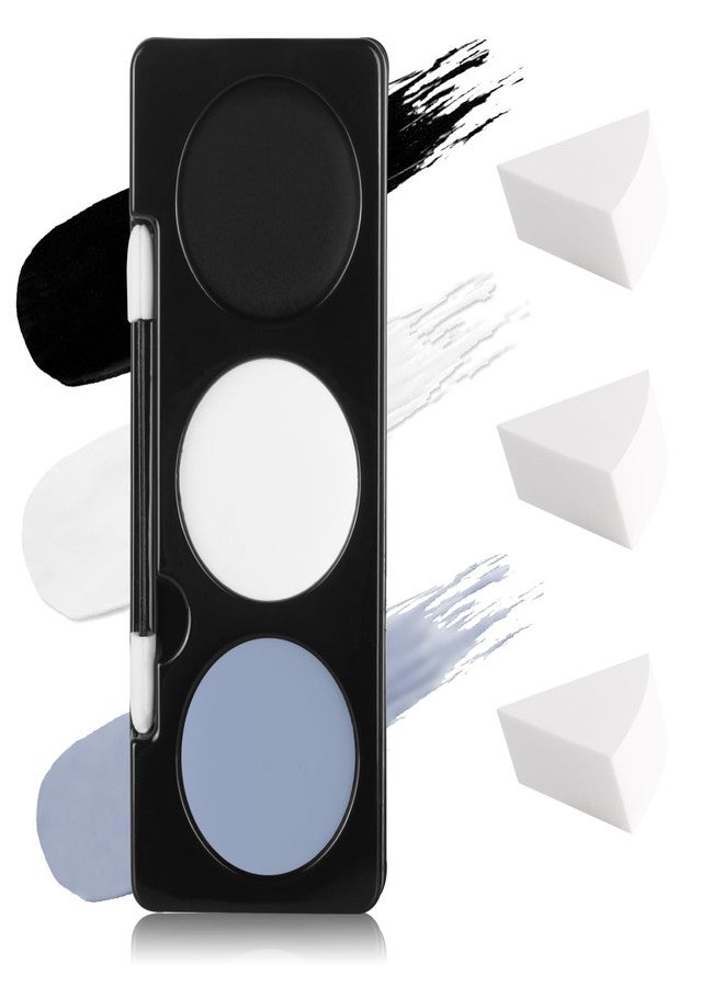 paminify طلاء وجه أسود أبيض رمادي فاتح + 3 قطع إسفنج + فرشاة، 3 ألوان طلاء جسم رمادي لزومبي هيكل عظمي جمجمة، مجموعة مكياج هالوين SFX، عين سوداء للبيسبول/سوفتبول/كرة القدم - Image 1