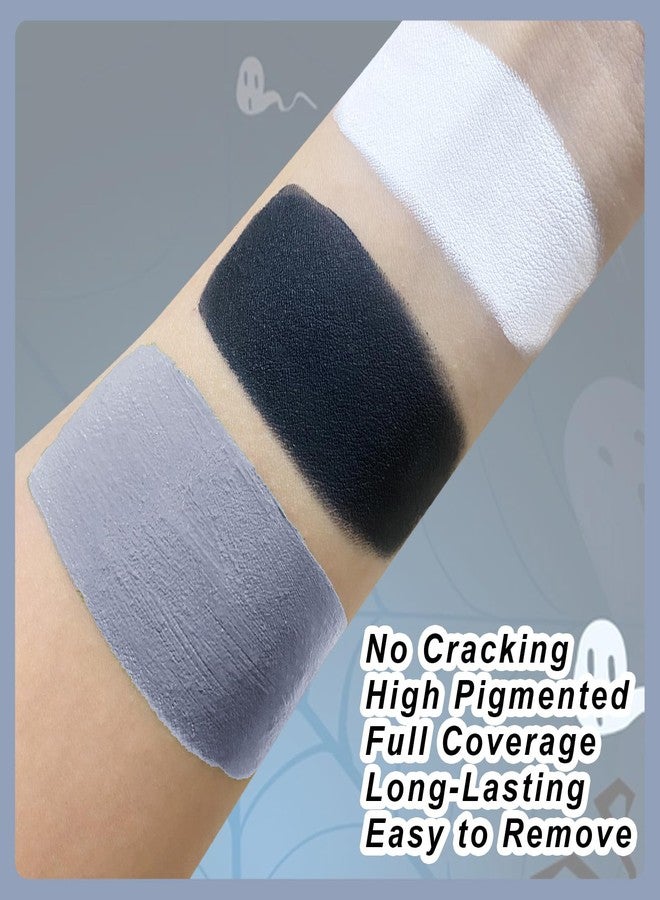 paminify طلاء وجه أسود أبيض رمادي فاتح + 3 قطع إسفنج + فرشاة، 3 ألوان طلاء جسم رمادي لزومبي هيكل عظمي جمجمة، مجموعة مكياج هالوين SFX، عين سوداء للبيسبول/سوفتبول/كرة القدم - Image 3