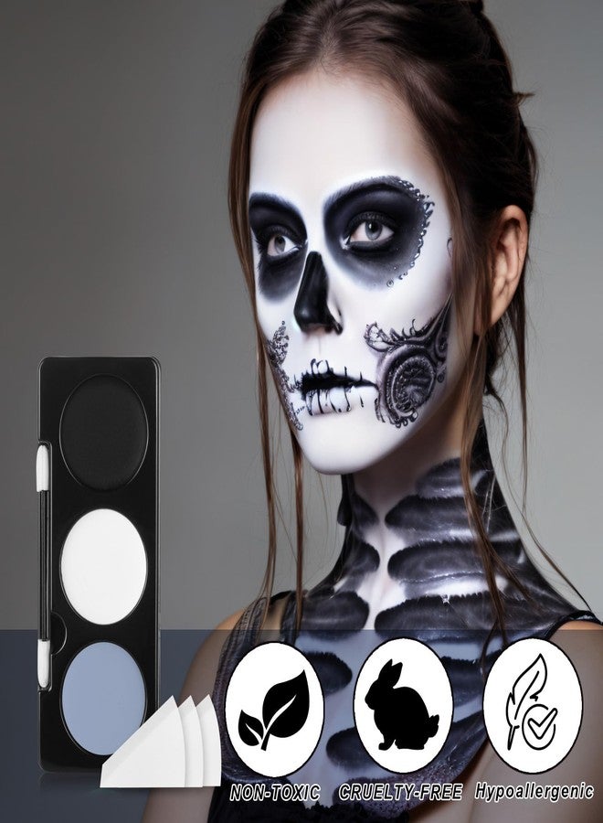 paminify طلاء وجه أسود أبيض رمادي فاتح + 3 قطع إسفنج + فرشاة، 3 ألوان طلاء جسم رمادي لزومبي هيكل عظمي جمجمة، مجموعة مكياج هالوين SFX، عين سوداء للبيسبول/سوفتبول/كرة القدم - Image 2