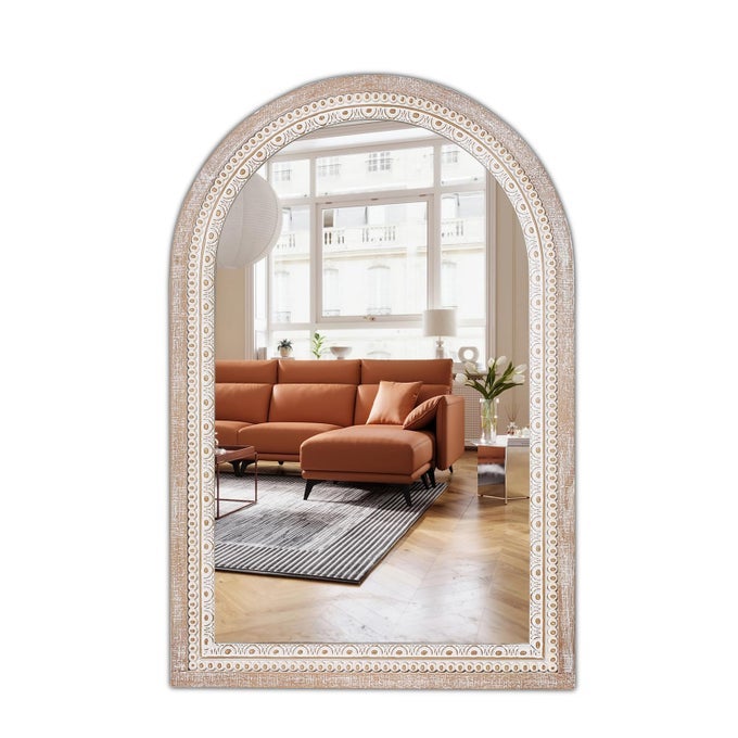 36X24 INCHES ARCHED WOODEN FARMHOUSE WALL MIRROR RUSTIC ARCH TOP DECORATIVE MIRRORS FOR BATHROOM ENTRYWAY LIVING ROOM LARGE HOUSEWARMING HOME DECOR GIFT