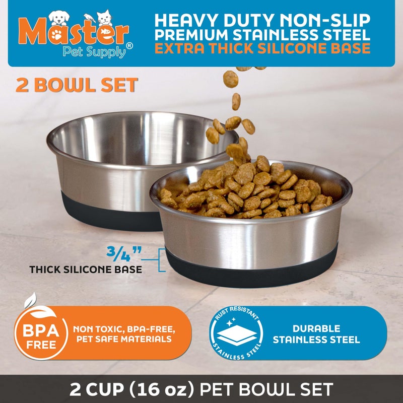 Master Pet Supply Stainless Steel Dog Bowls Set of 2 with Extra Thick Silicone Base - 2 Cup (16 oz) Black Velvet, Non-Slip, Dishwasher Safe Metal Bowls, Pet Dog Food Bowl for Dogs, Cats, Anti Rust - Image 2