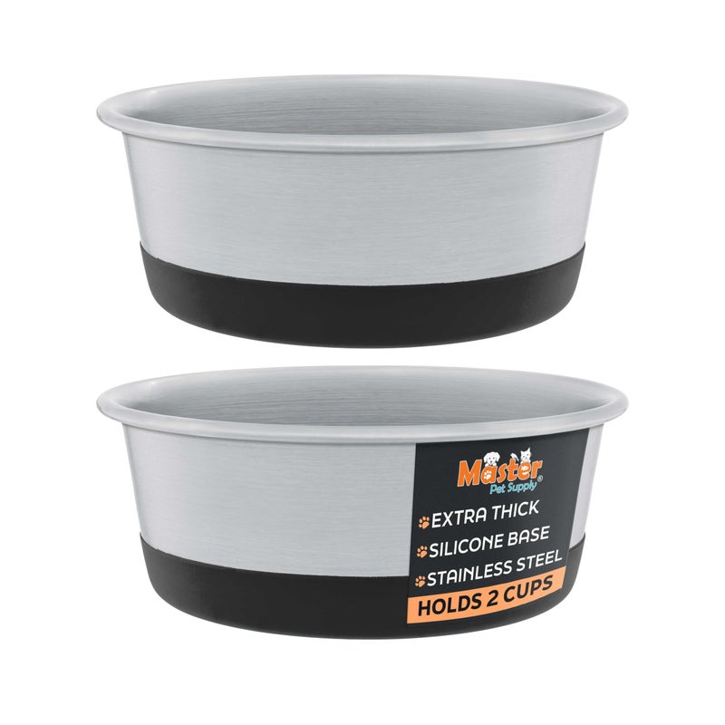 Master Pet Supply Stainless Steel Dog Bowls Set of 2 with Extra Thick Silicone Base - 2 Cup (16 oz) Black Velvet, Non-Slip, Dishwasher Safe Metal Bowls, Pet Dog Food Bowl for Dogs, Cats, Anti Rust - Image 1