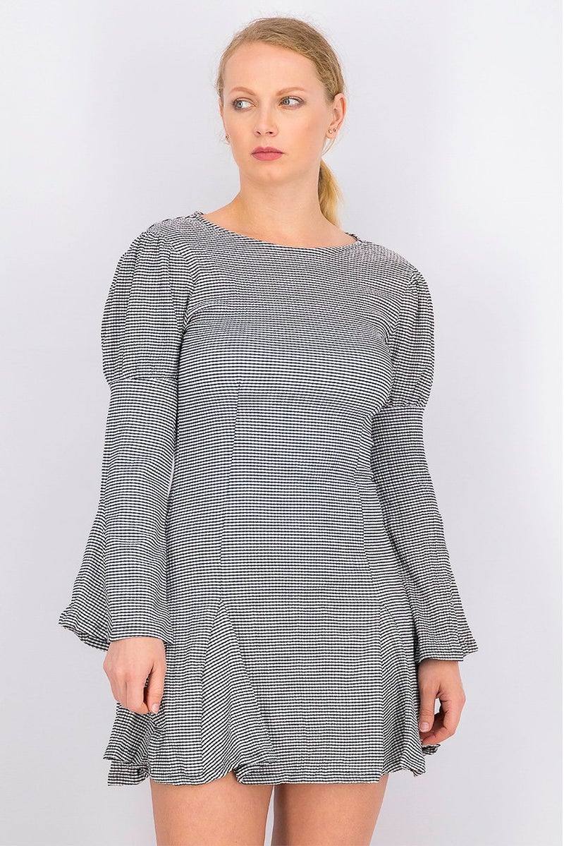 TOPSHOP Women Petite Long Sleeve Checkered Mini Dress, Black - Image 1