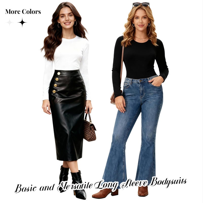 CE' CERDR 5 Pack Long Sleeve Bodysuit for Women Round Neck Casual Stretchy Basic Shirts Crew Neck Body Suits Tops - Image 3