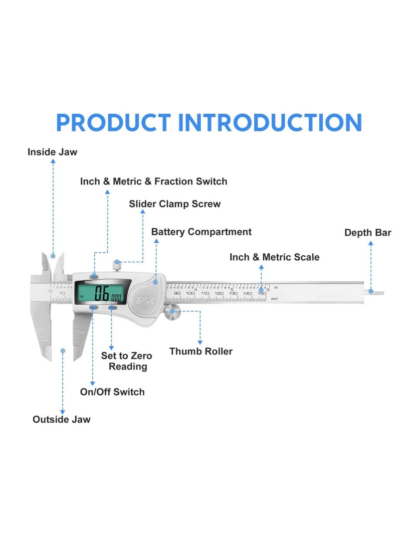 Digital Caliper Calipers 6 Inch Measuring Tool with Stainless Steel IP54 Splash Proof Protection Design Easy Switch from to Millimeter Large Screen - Image 4