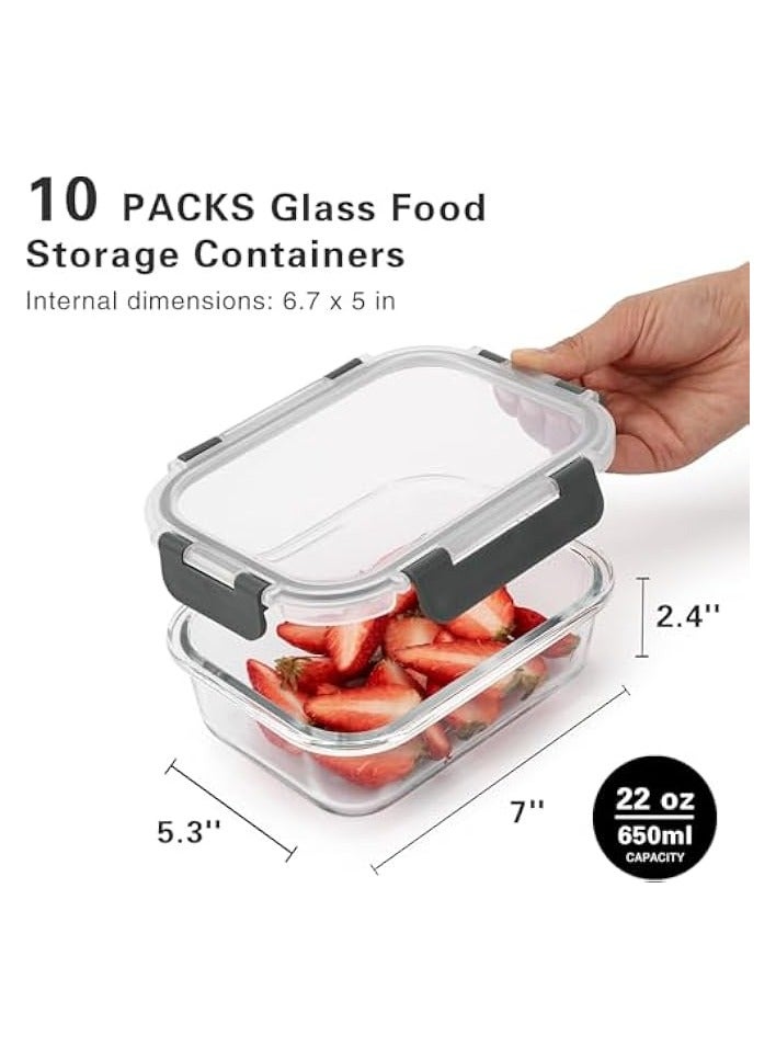 Green Tiger 10-Pack Meal Prep Container Set 22oz,Glass Food Storage Containers with Leak-Proof Locking Lids, Airtight Glass Containers, BPA-Free,Perfect for Kitchen Storage, Microwave - Image 3