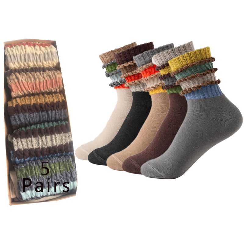 ANIDL 5 Pairs Colorful Striped Crew Socks Retro Sporty Tube Sock Casual Scrunch Slouch Socks Women (5 Pairs-socks set A) - Image 1