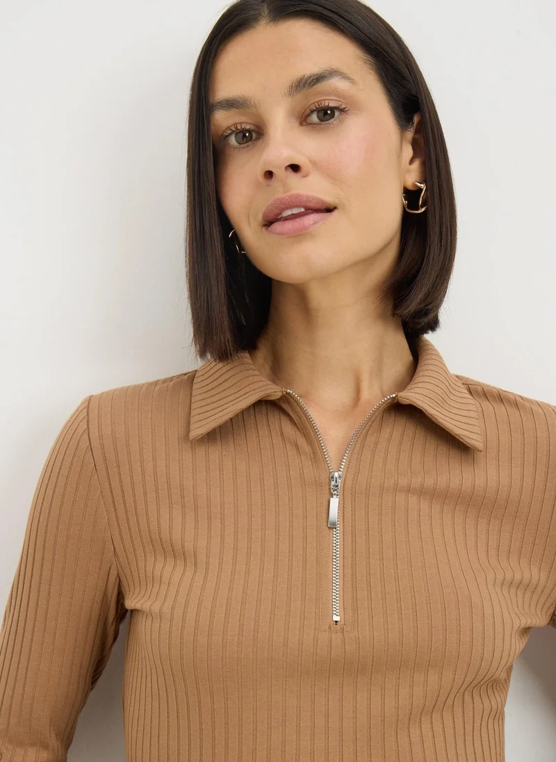 Matalan Camel Ribbed Half Zip Collar Top