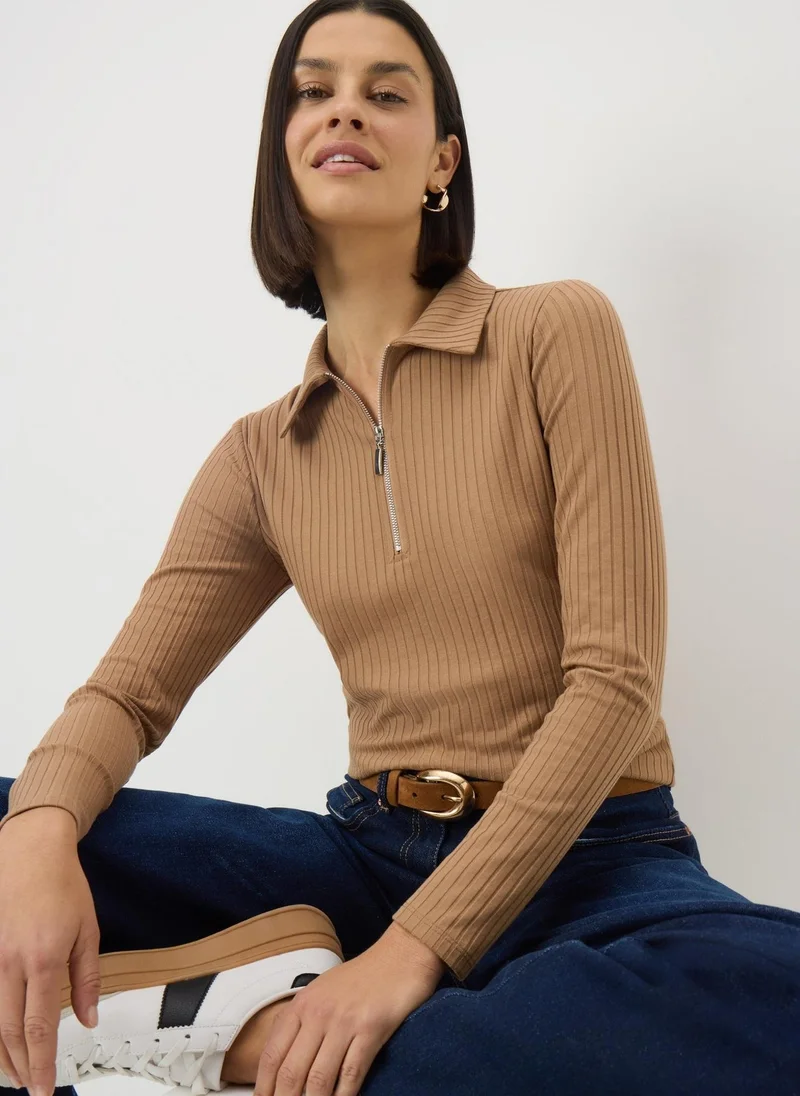 Matalan Camel Ribbed Half Zip Collar Top