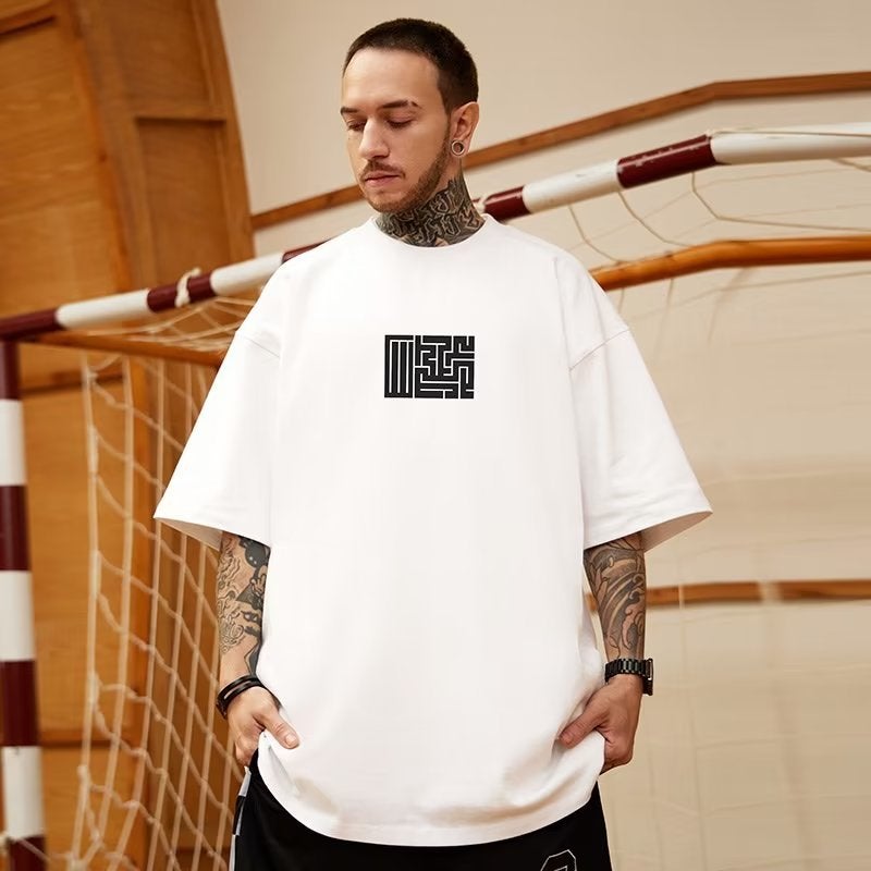 Heavy American Letter Printed Short Sleeve T-Shirt Men'S Plus Size Black Round Neck Cotton Half Sleeve Shirt Fashion - Image 1