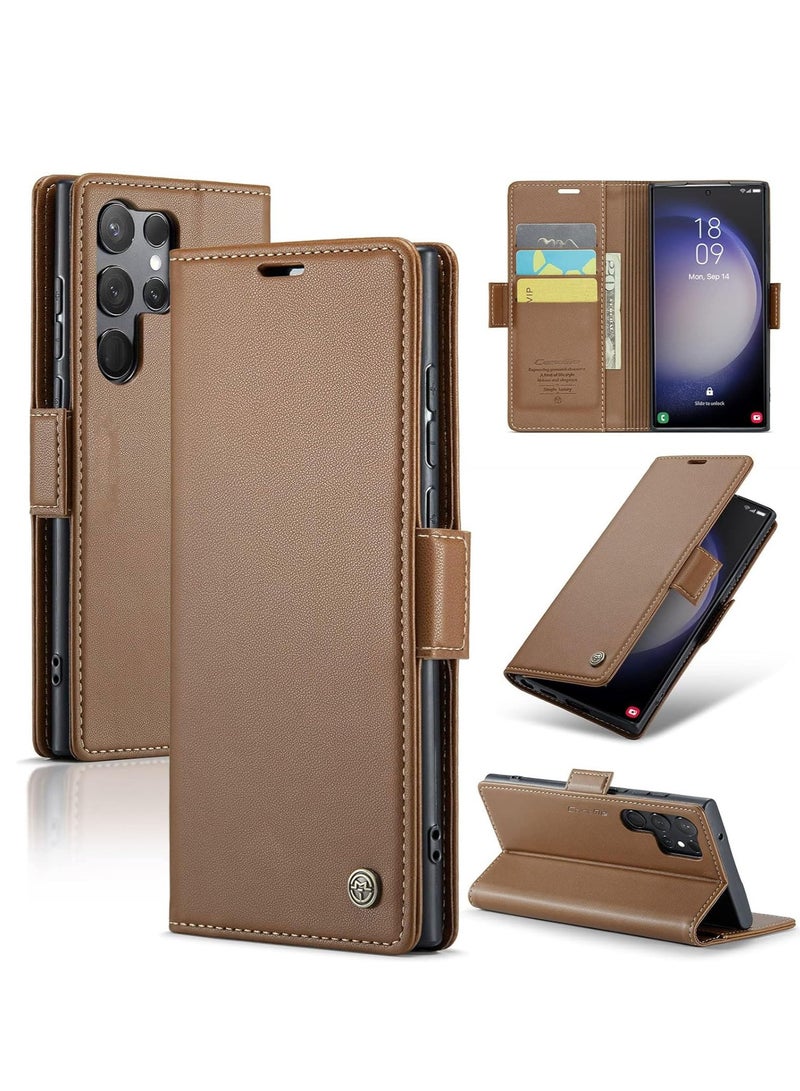 SYOSI Wallet Case for Samsung S23 Ultra with RFID Blocking for Women Men, PU Leather Case for Samsung Galaxy S23 Ultra with Card Holder, Durable Kickstand Shockproof Case for Galaxy S23 Ultra 5G (Brown)  - Image 1