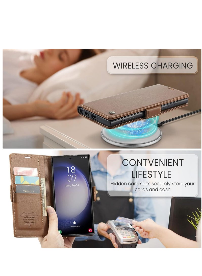 SYOSI Wallet Case for Samsung S23 Ultra with RFID Blocking for Women Men, PU Leather Case for Samsung Galaxy S23 Ultra with Card Holder, Durable Kickstand Shockproof Case for Galaxy S23 Ultra 5G (Brown)  - Image 2