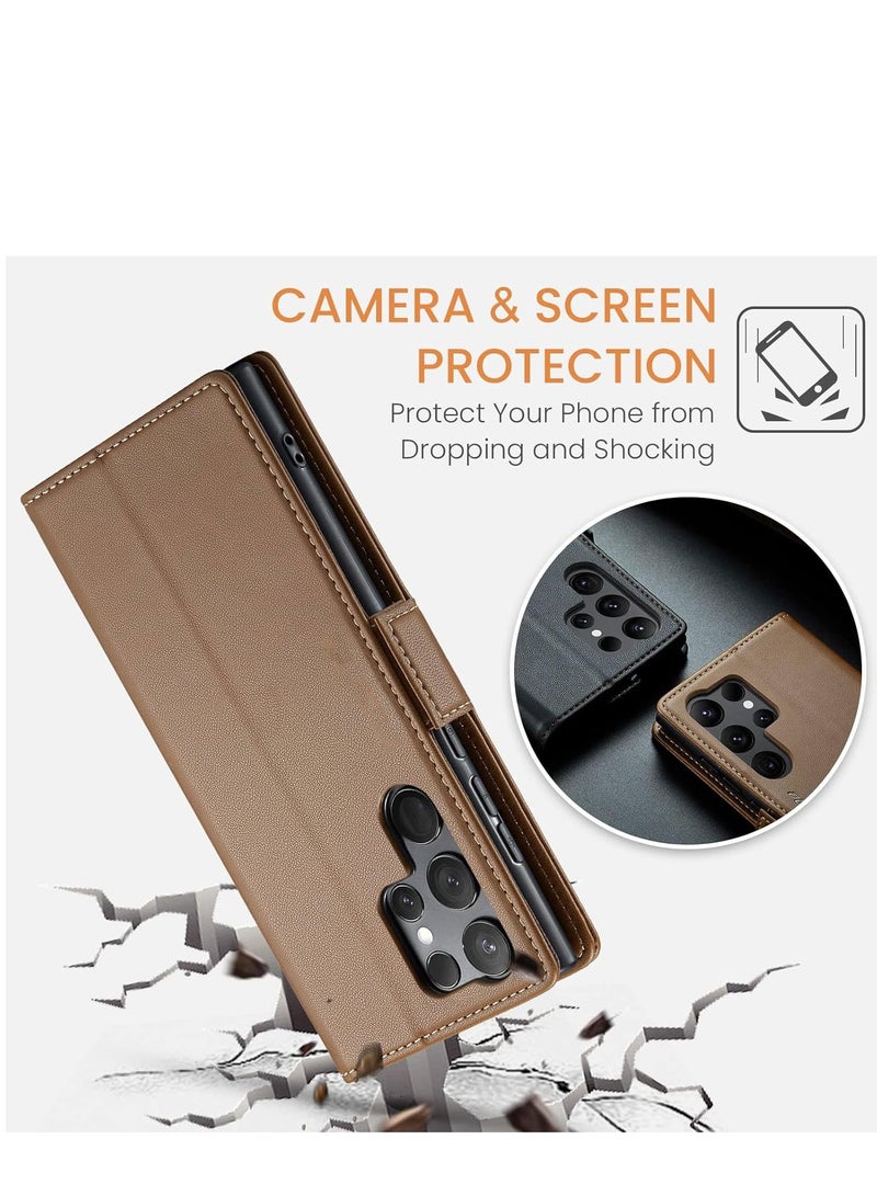 SYOSI Wallet Case for Samsung S23 Ultra with RFID Blocking for Women Men, PU Leather Case for Samsung Galaxy S23 Ultra with Card Holder, Durable Kickstand Shockproof Case for Galaxy S23 Ultra 5G (Brown)  - Image 4