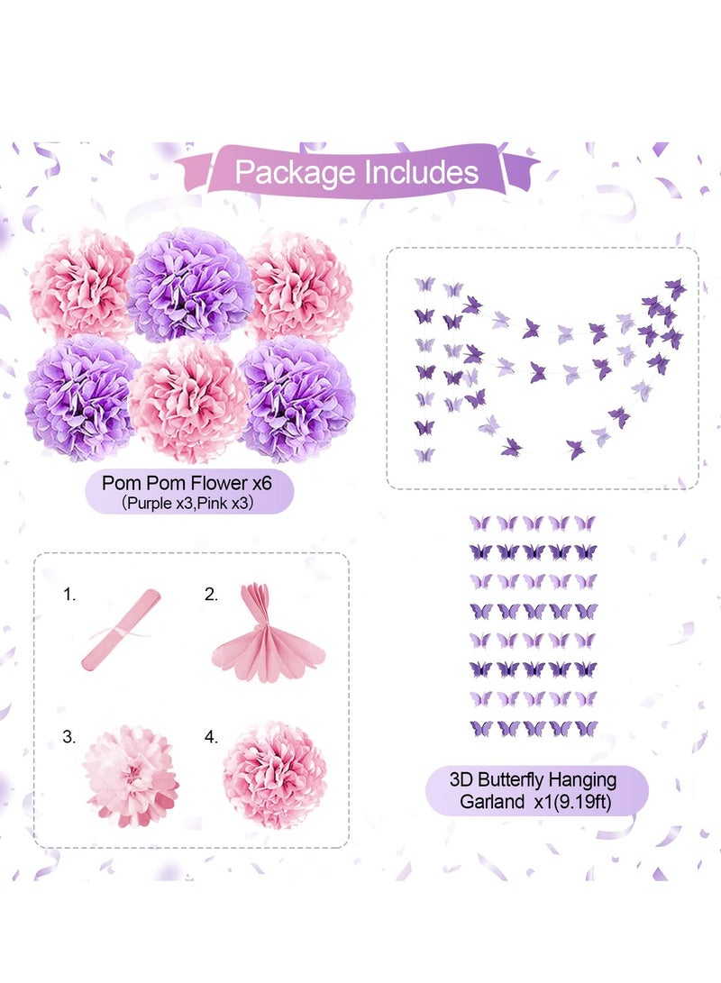 Mordely Purple Birthday Party Decorations for Girls Women Butterfly Birthday Party Decorations Supplies Happy Birthday Banner Pink and Purple Balloons Purple Pompom Flower Confetti Ribbons - Image 3
