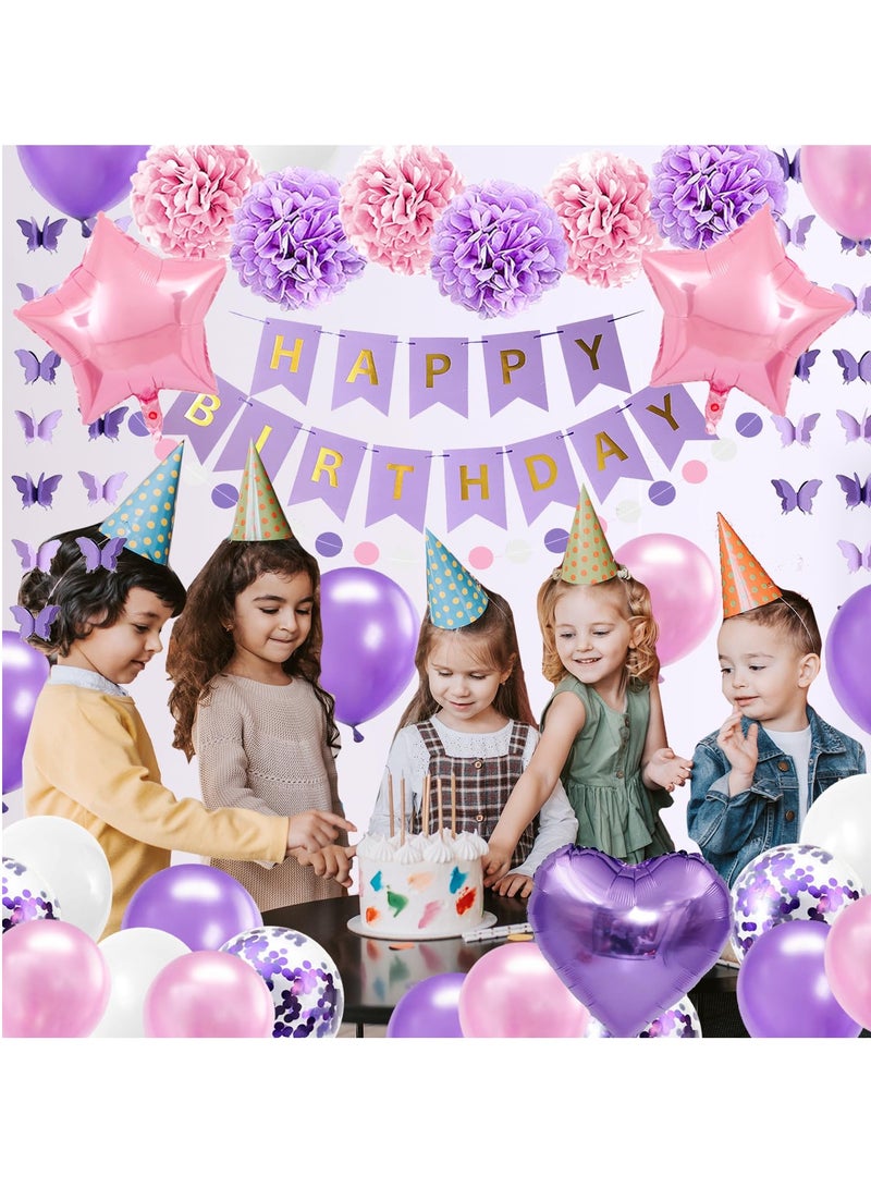 Mordely Purple Birthday Party Decorations for Girls Women Butterfly Birthday Party Decorations Supplies Happy Birthday Banner Pink and Purple Balloons Purple Pompom Flower Confetti Ribbons - Image 5
