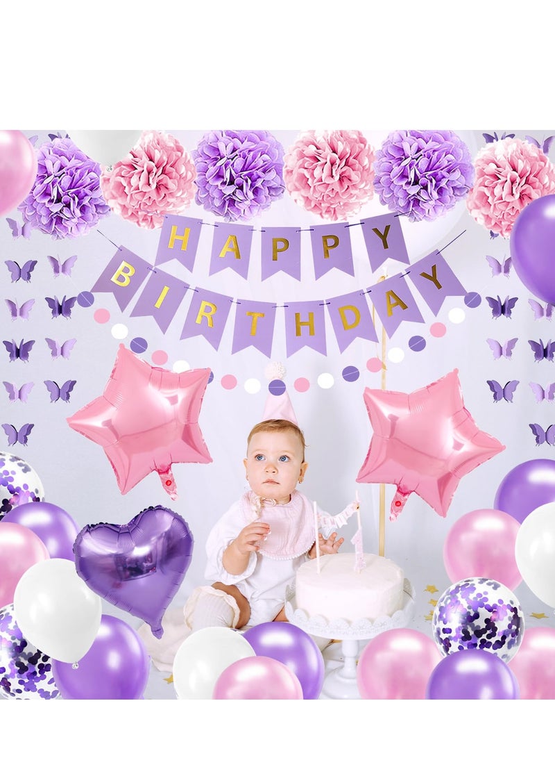 Mordely Purple Birthday Party Decorations for Girls Women Butterfly Birthday Party Decorations Supplies Happy Birthday Banner Pink and Purple Balloons Purple Pompom Flower Confetti Ribbons - Image 4
