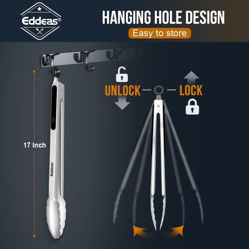 Eddeas Grill Tongs, 17 Inch Extra Long BBQ Tongs, Heat Resistant 600 Degrees Stainless Steel tongs, Kitchen Metal Locking Tongs for Cooking, Grilling, Outdoor Barbecue - Image 5
