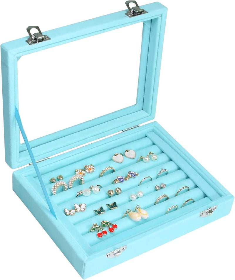 Vicoter Rings Organizer Tray 7 Slots Velvet Jewelry Earring Storage Box with Transparent lid Jewelry Display Case for Girls Wife Mom Women (Light Blue) - Image 1