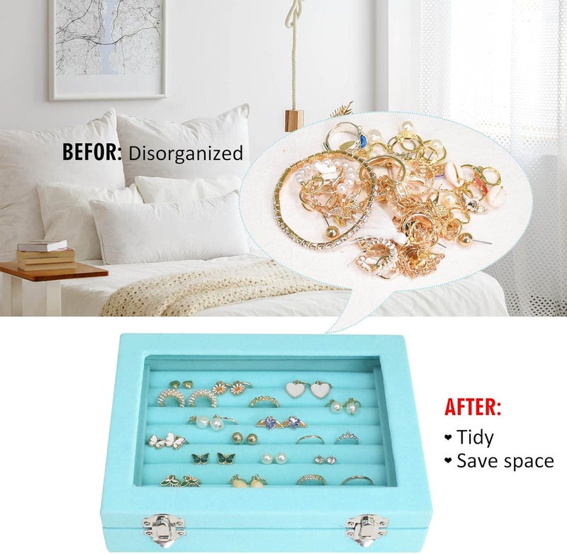 Vicoter Rings Organizer Tray 7 Slots Velvet Jewelry Earring Storage Box with Transparent lid Jewelry Display Case for Girls Wife Mom Women (Light Blue) - Image 5