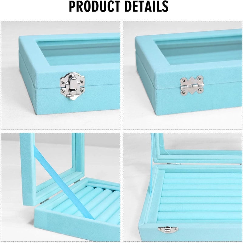Vicoter Rings Organizer Tray 7 Slots Velvet Jewelry Earring Storage Box with Transparent lid Jewelry Display Case for Girls Wife Mom Women (Light Blue) - Image 4