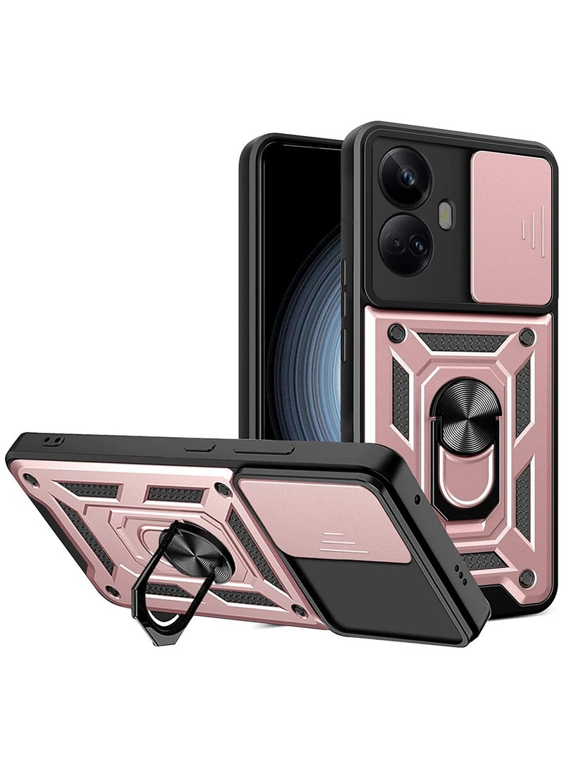 VKL حافظة متوافقة مع Realme 10 Pro Plus/10 Pro+ 5G مع غطاء كاميرا منزلق، غطاء حماية مقاوم للصدمات بدرجة عسكرية مع حامل حلقي معدني قابل للدوران (ذهبي وردي)