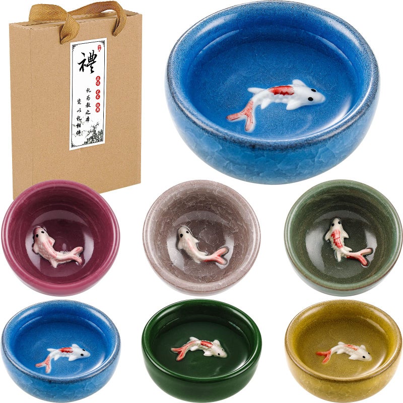 Skyley 6 Pieces Korean Soju Shot Glasses Sets Porcelain Cups Korean Ceramic Cups Tea Accessories Drinkware, Handcrafted Ceramic(Koi Fish Style) - Image 1