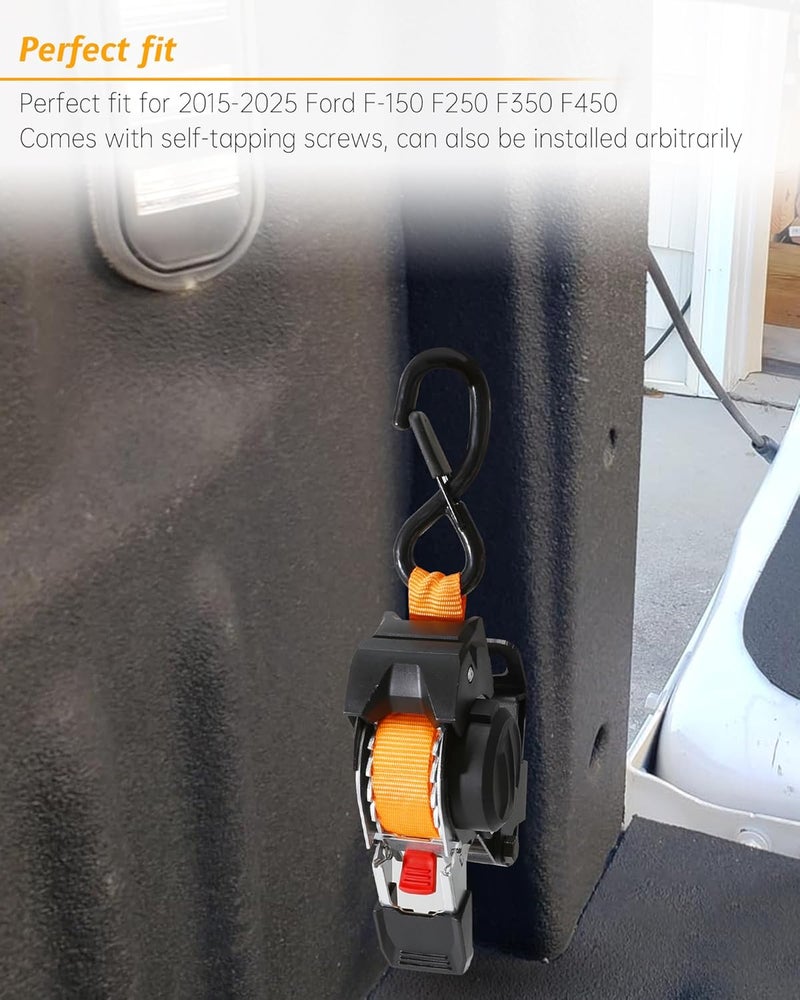 EXODIOS Dual-Pivot Retractable Truck Bed Ratchet Straps for Ford F150, Multi-Angle Rotation Bed Mounted Retractable Tie Down Straps Compatible with 2015-2025 Ford F-150 F250 F350 F450 - Image 3