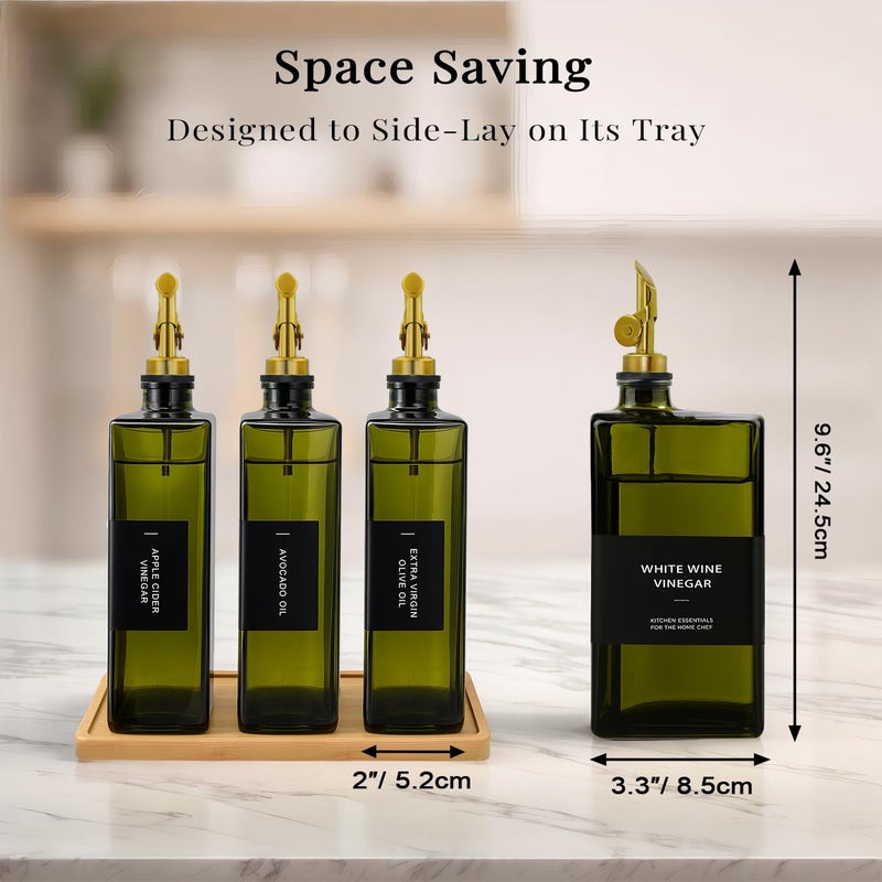 Gelury Olive Oil Dispenser Bottle for Kitchen with Bamboo Tray- Glass Oil and Vinegar Dispenser Set 16.9oz, Soy Sauce & Syrup Bottle, Modern Hostess Gift (Green, 16.9oz, Set of 3) - Image 5
