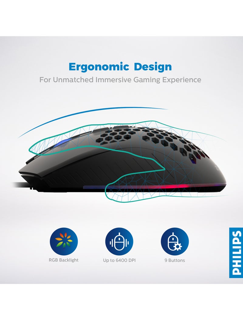فيليبس ماوس ألعاب سلكي USB، إضاءة RGB مع ستة DPI قابلة للتعديل لسطح المكتب/الكمبيوتر المحمول، أسود  - Image 4