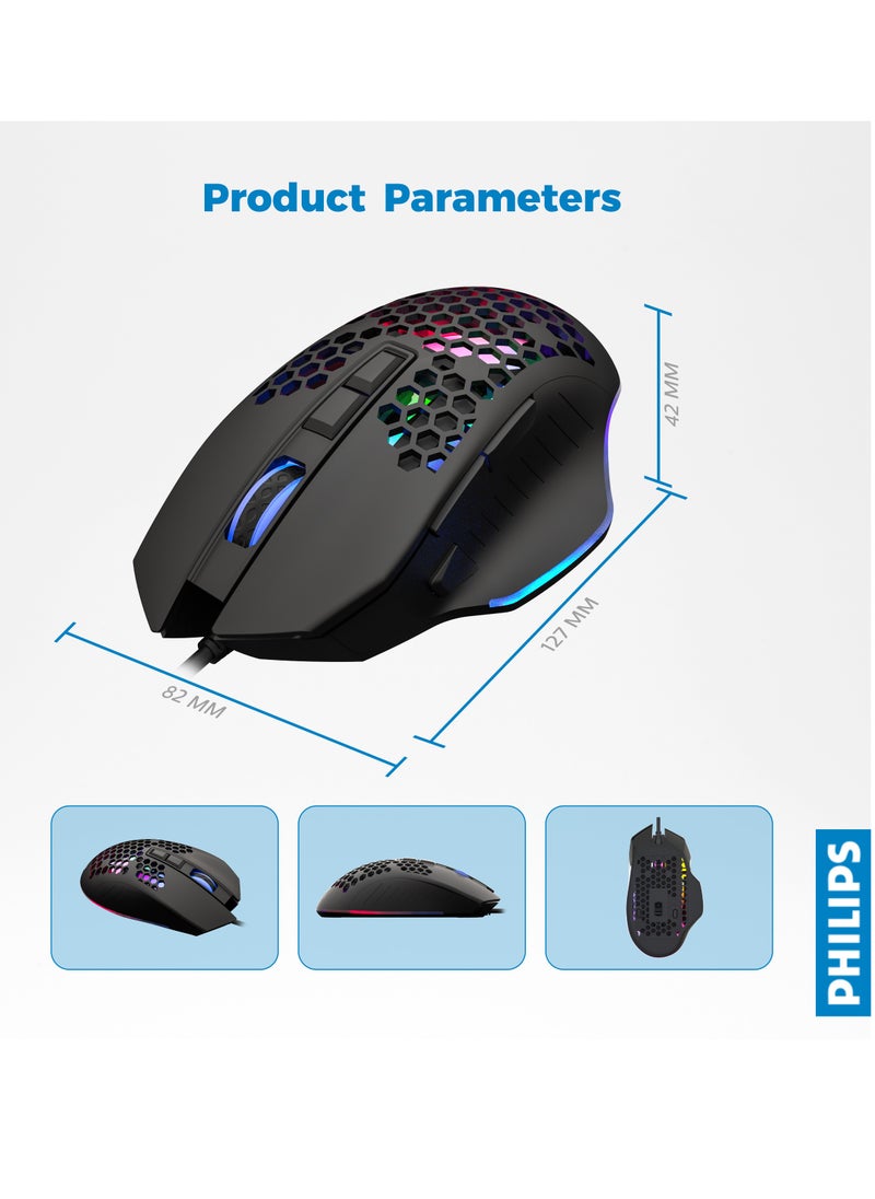 فيليبس ماوس ألعاب سلكي USB، إضاءة RGB مع ستة DPI قابلة للتعديل لسطح المكتب/الكمبيوتر المحمول، أسود  - Image 3