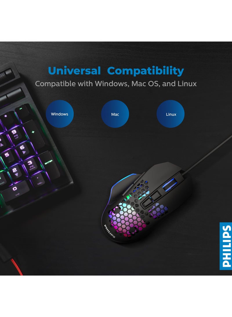 فيليبس ماوس ألعاب سلكي USB، إضاءة RGB مع ستة DPI قابلة للتعديل لسطح المكتب/الكمبيوتر المحمول، أسود  - Image 2