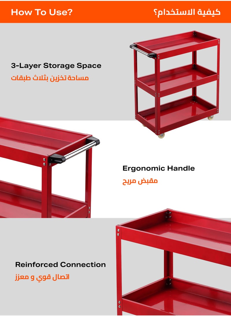 LAWAZIM - Tool Cart with Aluminum Pipes -3 Tier Red and Black- Mobile Tool Organizer with Swivel Caster Wheels, Sturdy Shelves, and Dividers -Ideal for Workshop, Garage, DIY Projects, and Industrial Use - Image 1