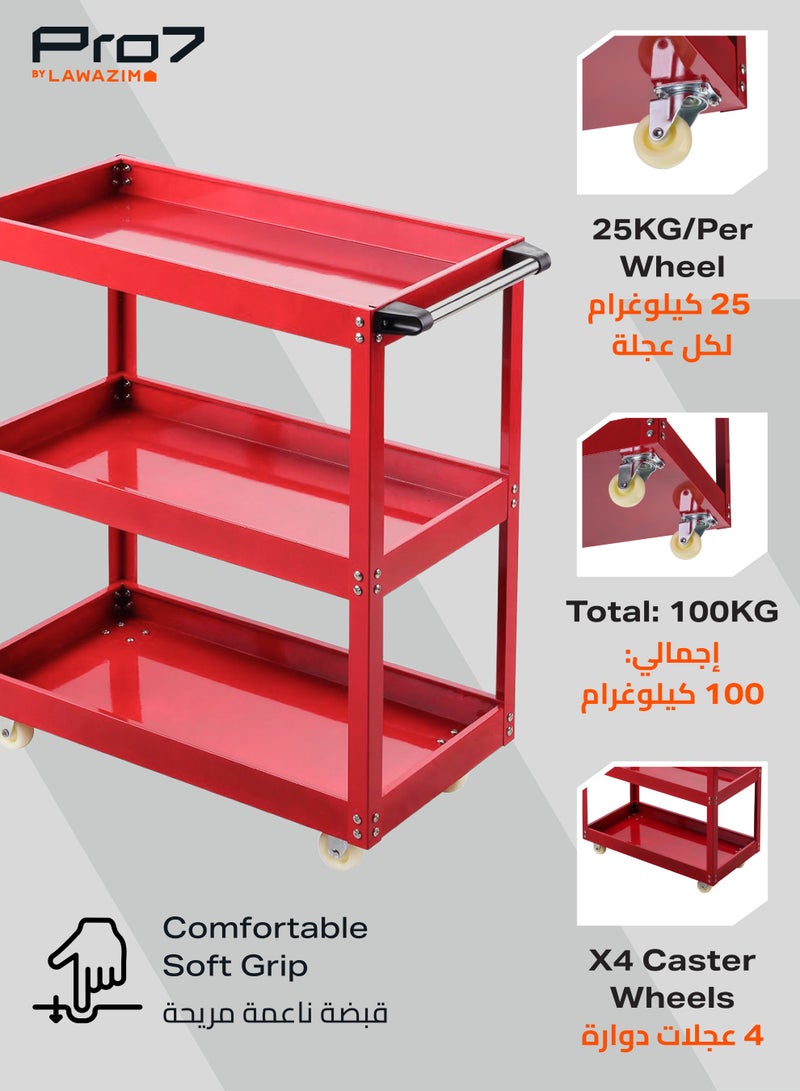 LAWAZIM Pro7 Tool Cart with Aluminum Pipes -3 Tier Red and Black- Mobile Tool Organizer with Swivel Caster Wheels, Sturdy Shelves, and Dividers -Ideal for Workshop, Garage, DIY Projects, and Industrial Use - Image 5