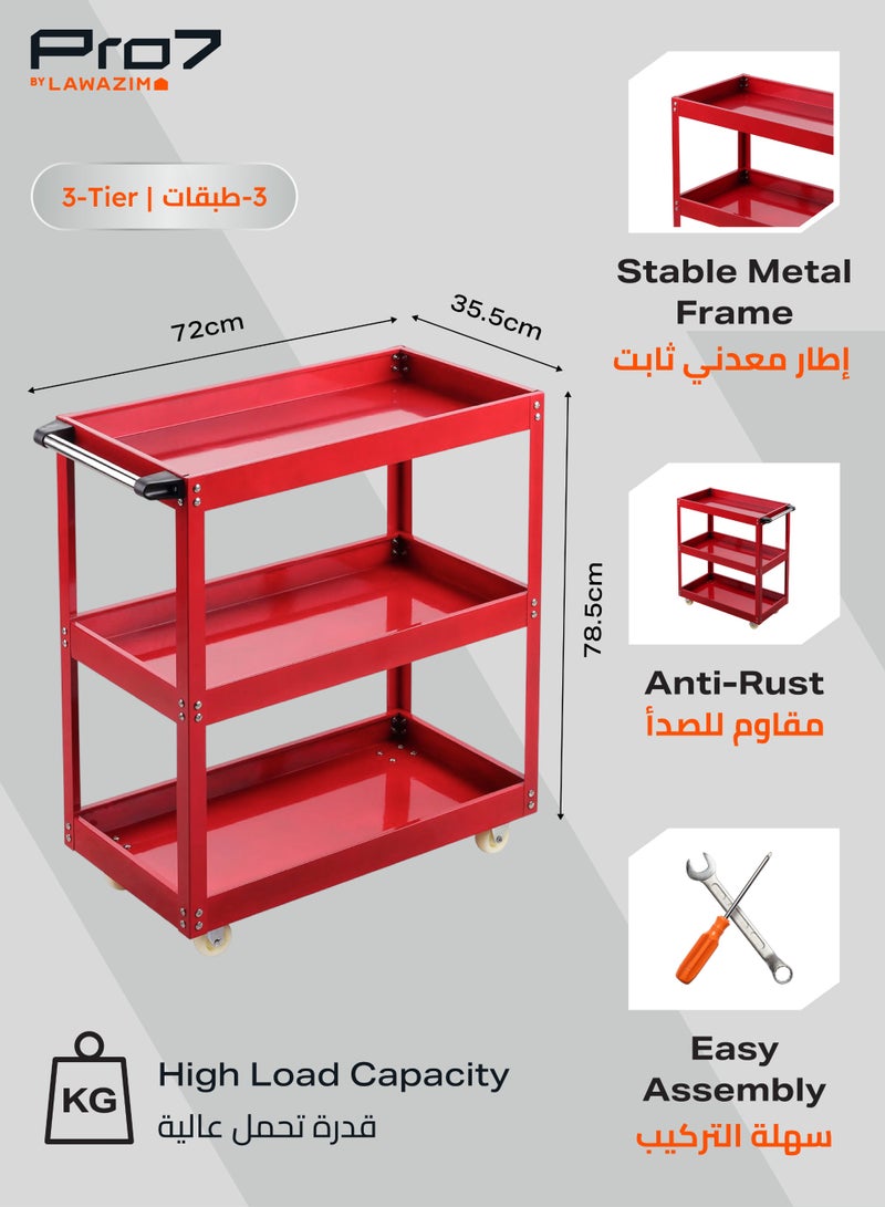 LAWAZIM Pro7 Tool Cart with Aluminum Pipes -3 Tier Red and Black- Mobile Tool Organizer with Swivel Caster Wheels, Sturdy Shelves, and Dividers -Ideal for Workshop, Garage, DIY Projects, and Industrial Use - Image 2